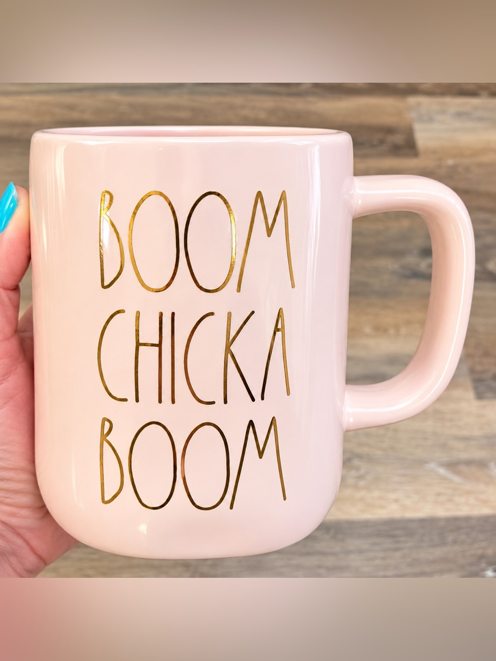 NEW Rae Dunn BOOM CHICKA BOOM Pink Gold Metallic Coffee Mug Artisan Magenta Cup